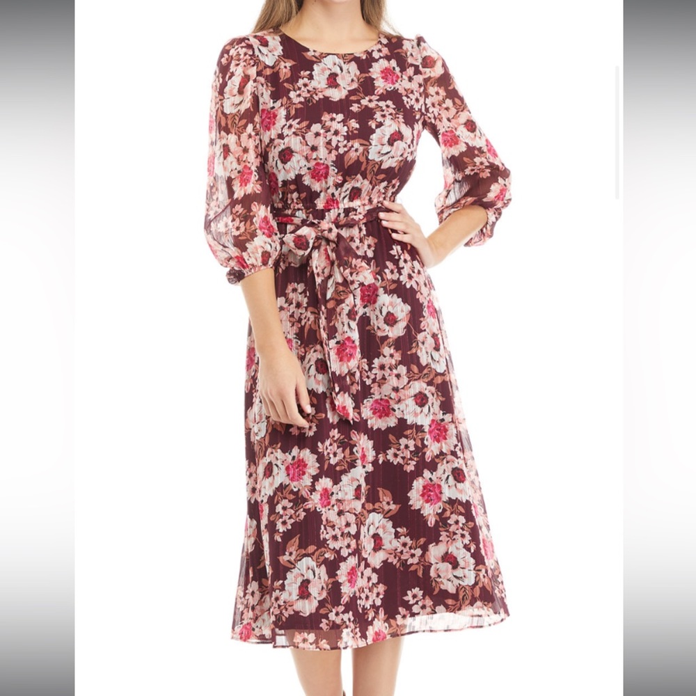 Anne Klein NWT pink and burgundy lurex floral belted midi dress